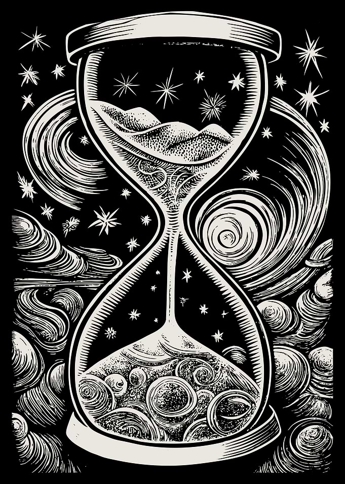 Celestial Hourglass with Stars and Swirls