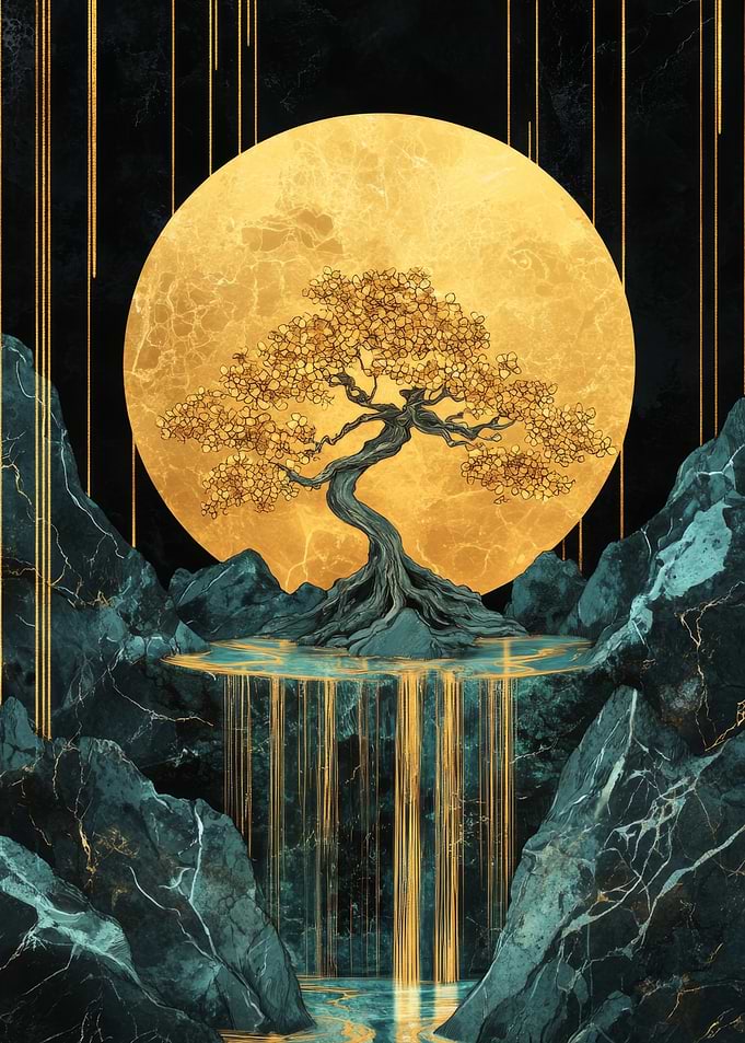 Golden Bonsai Waterfall Moon Glow