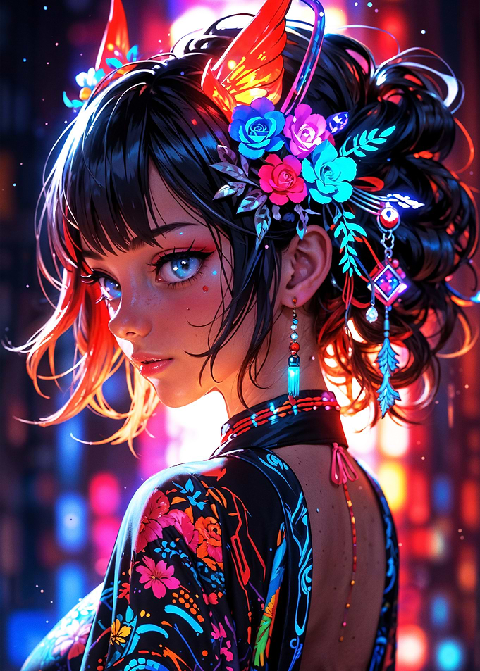 Radiant Elegance: Neon Floral Muse