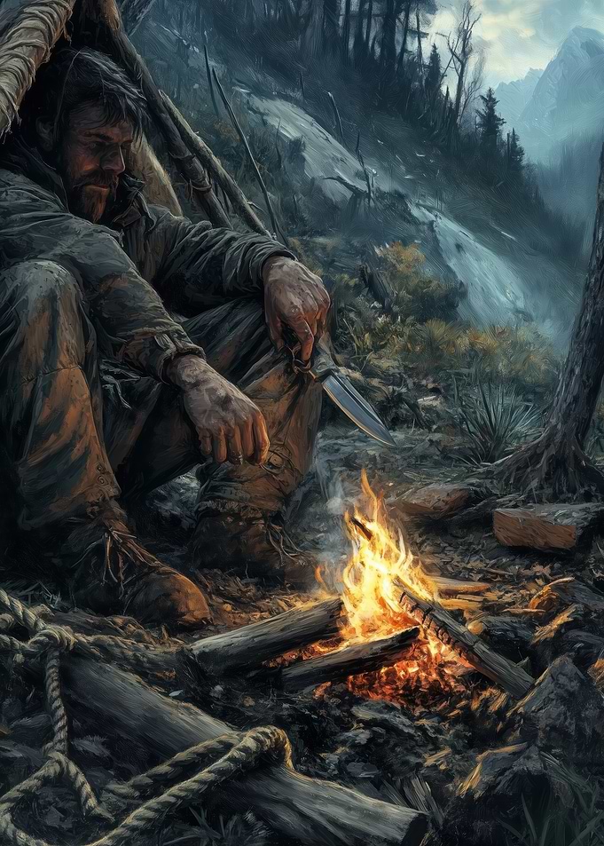 Man by Campfire in Wilderness