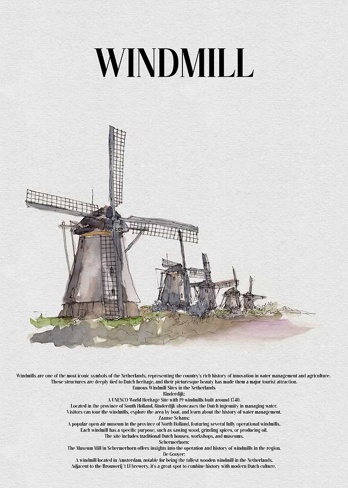 Dutch Windmills Watercolor
