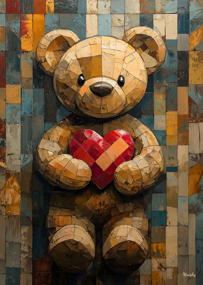 Teddy Bear with Heart in Stained Glass Style