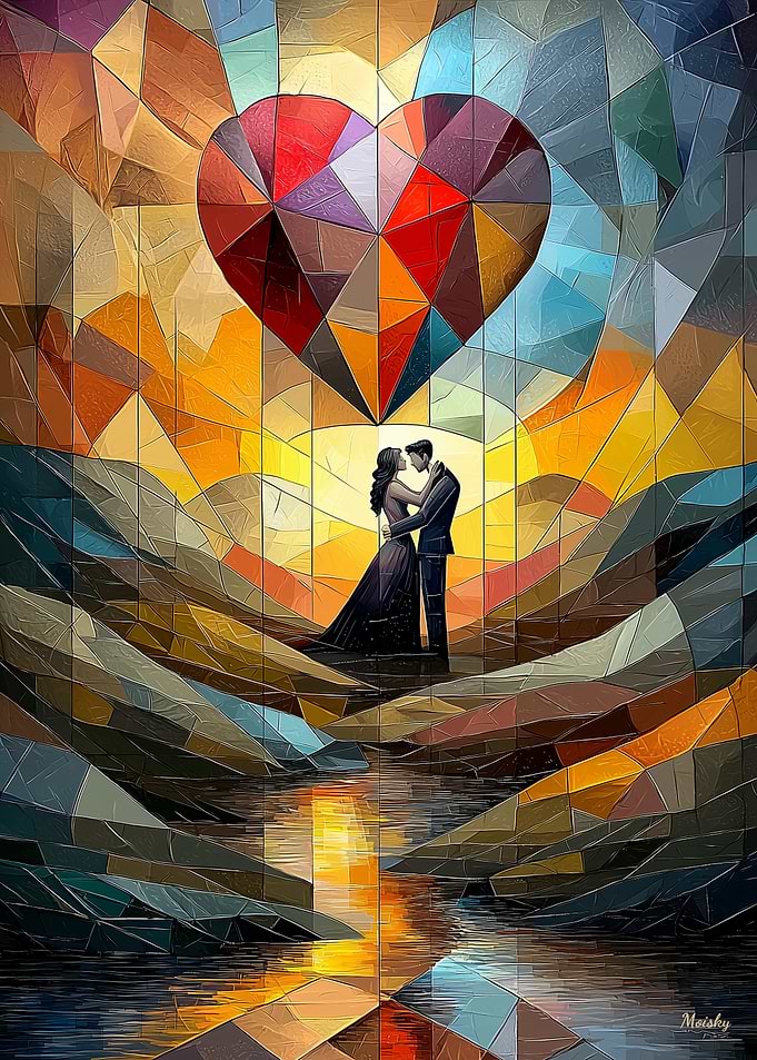 Romantic Embrace Under a Stained Glass Heart