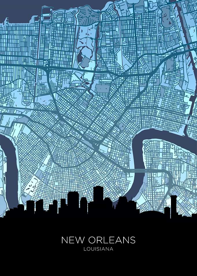 New Orleans Louisiana Skyline Map