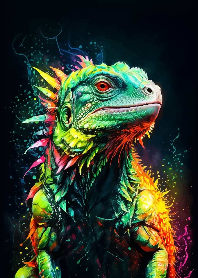 Colorful Iguana Portrait Neon