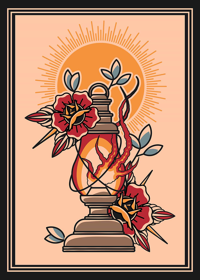 Vintage Oil Lamp & Roses Art
