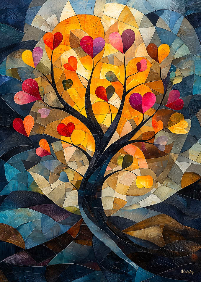 Heart Tree of Love in Stained Glass Style