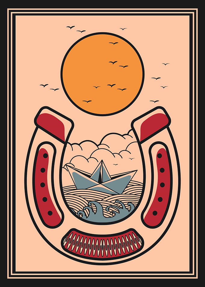 Horseshoe & paper boat vintage art