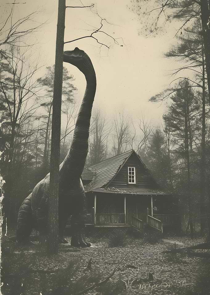 Dinosaur by Cabin Photograph