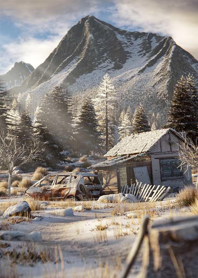 Abandoned Cabin in Snowy Mountains