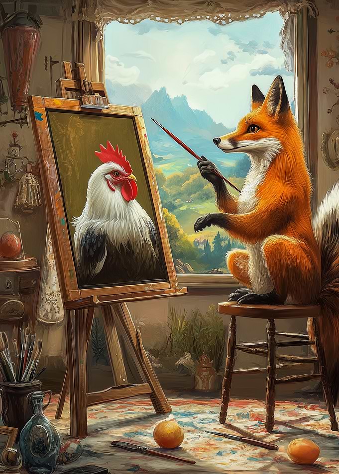 Fox Painting Rooster