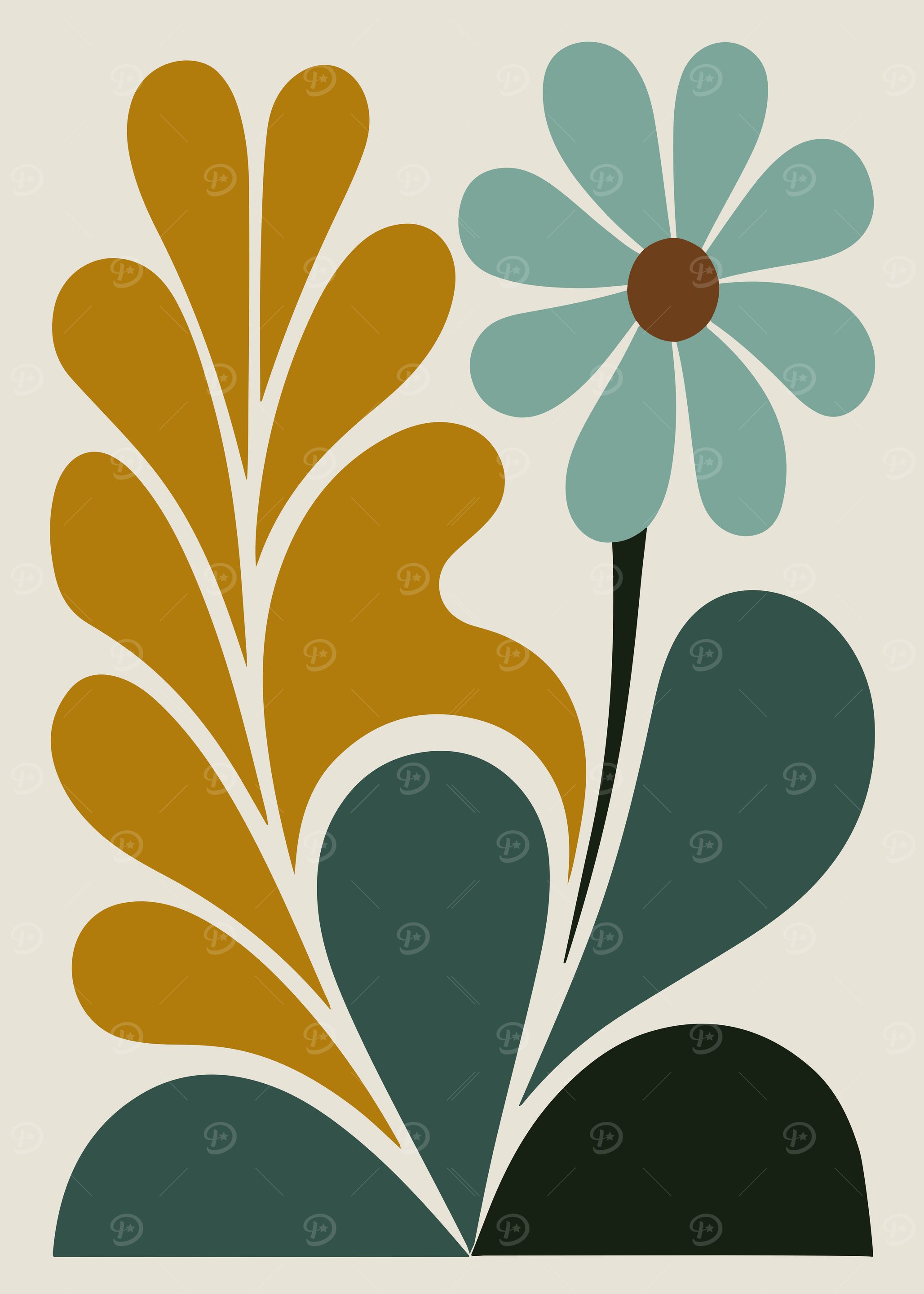 Abstract Boho Floral Art in Teal and Mustard