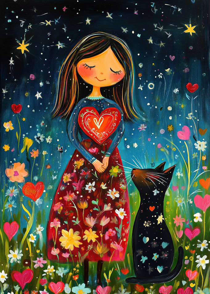Girl with Heart and Cat