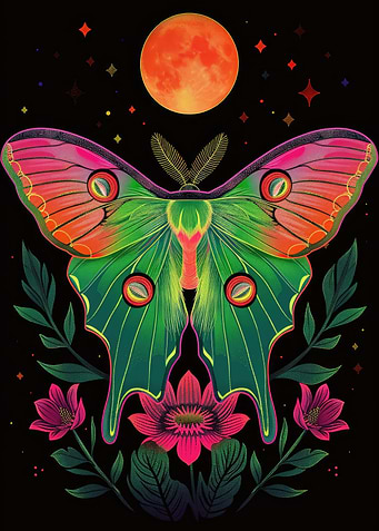 Neon Luna Moth and Moon