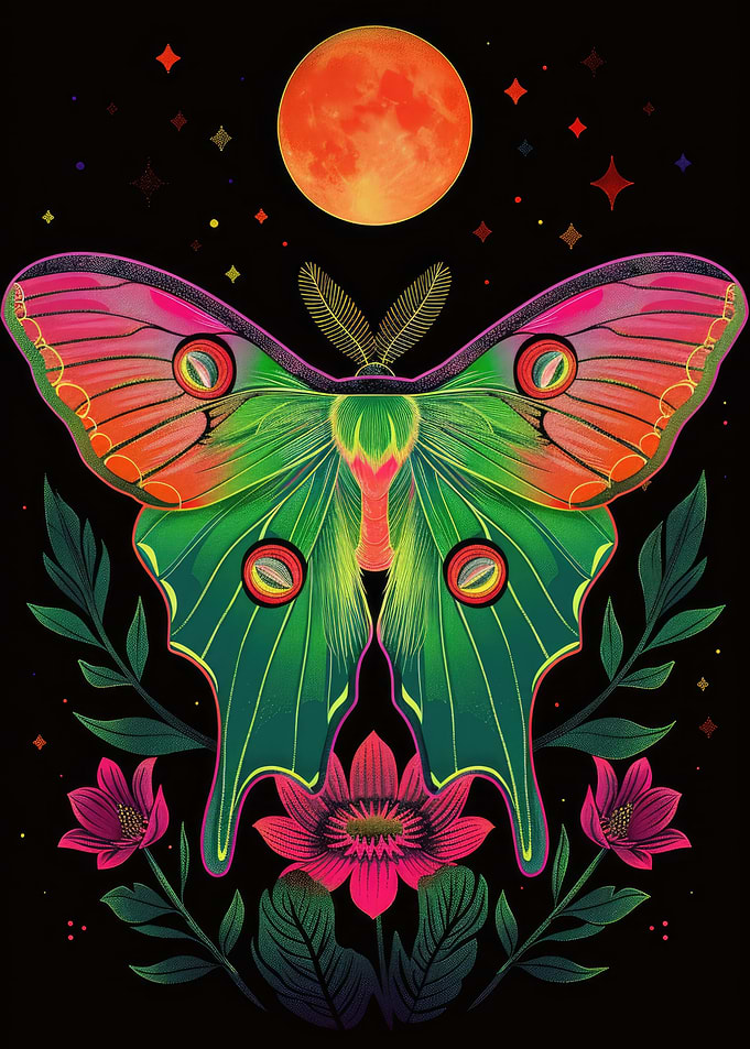 Neon Luna Moth and Moon