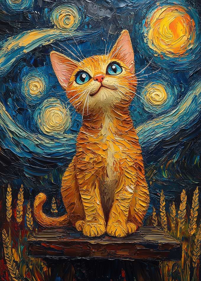 Cat Under Starry Night