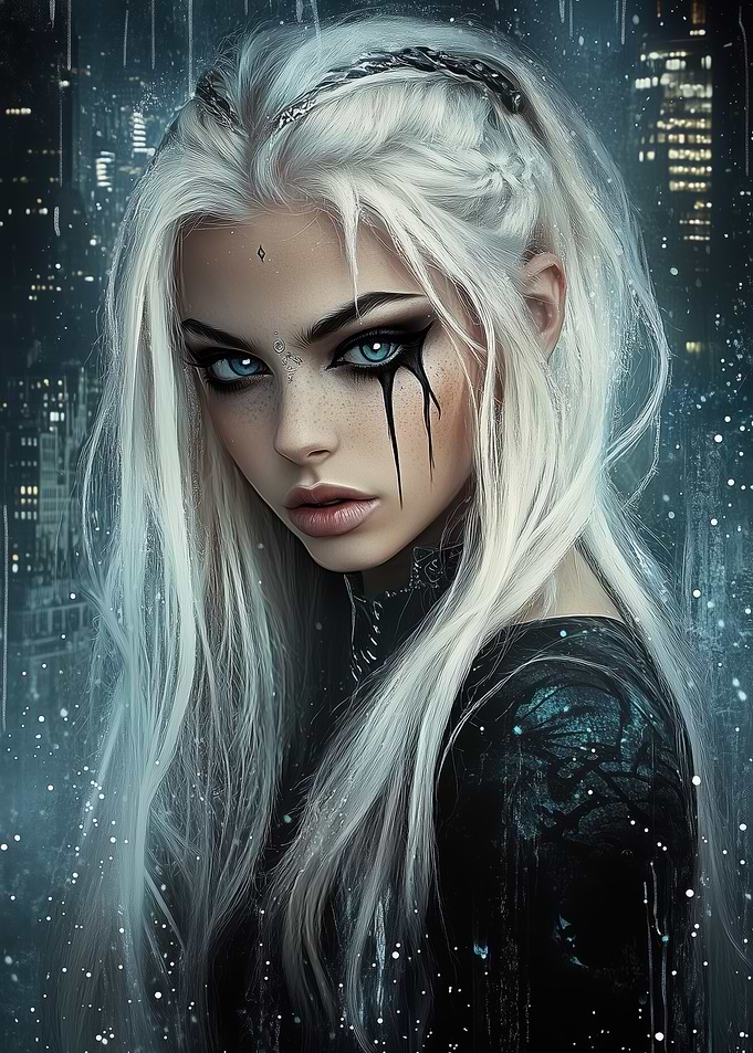 White-Haired Woman in Cityscape