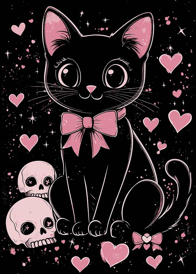 Cute Black Cat with Skulls