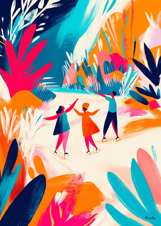 Fauvist Ice Skaters in Vibrant Winter Wonderland Landscape