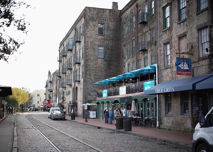 Cobblestone Street with Shops River Street Savannah Georgia