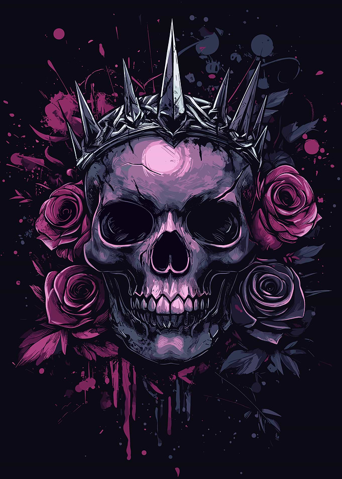 Purple Skull with Crown and Roses
