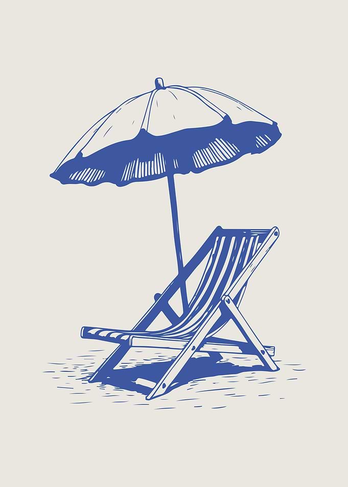 Coastal Blue Beach Chair and Umbrella Illustration