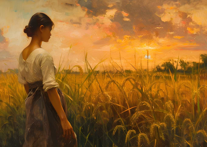 Woman in Wheat Field Sunset