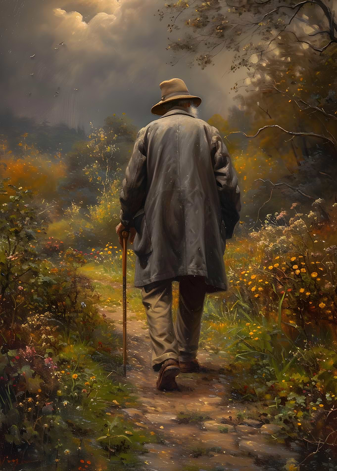 Elderly Man Walking in Woods