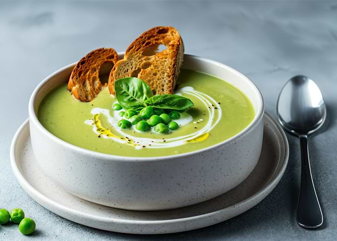 Creamy Pea Soup with Croutons