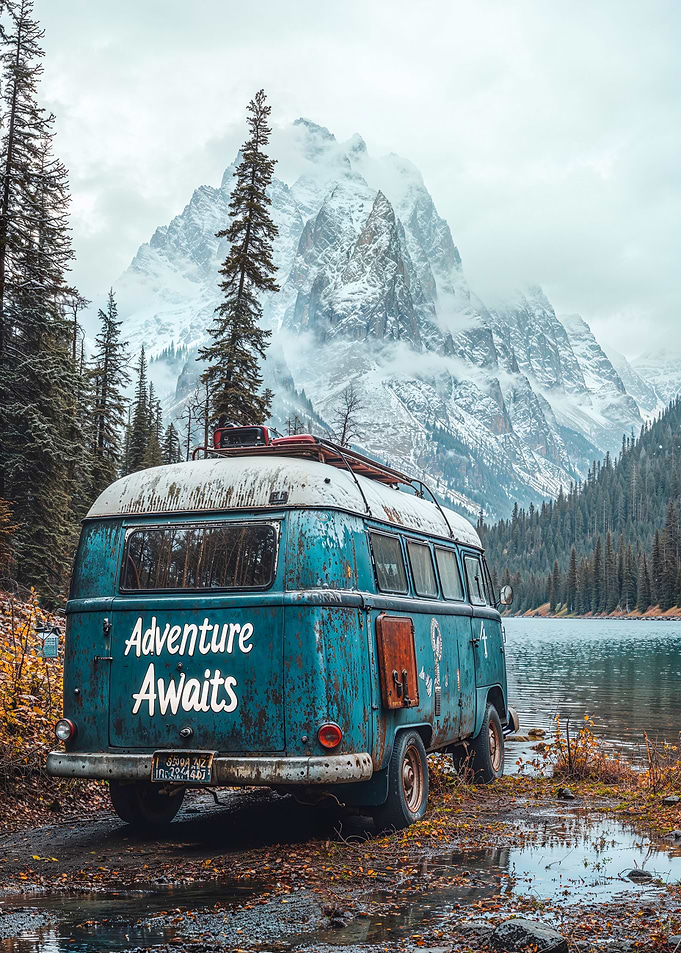 Vintage Camper Van by Mountain Lake