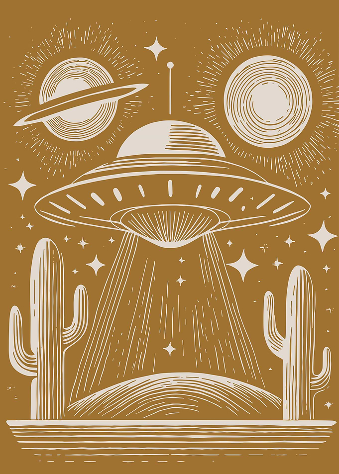 UFO Desert Scene with Cacti and Celestial Details