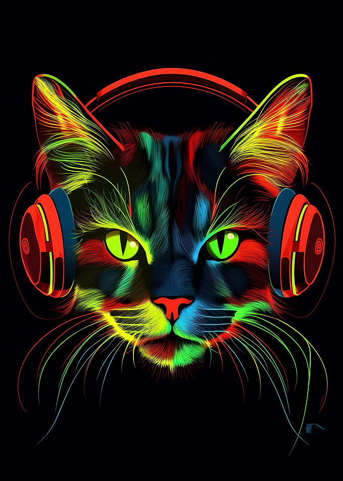 Neon Cat with Headphones
