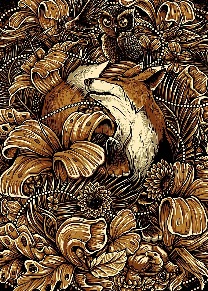 Fox and Owl in Floral Tapestry