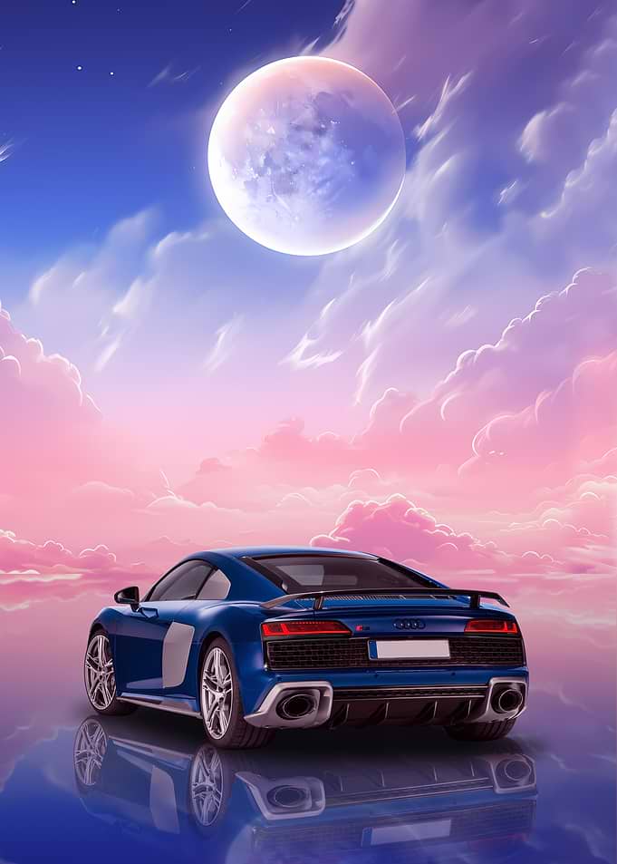 Blue Audi R8 Under a Full Moon