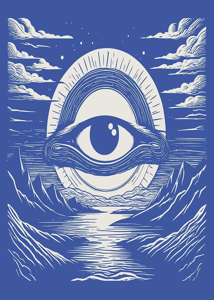 Celestial Eye Over a Mystical Mountain Landscape in Blue