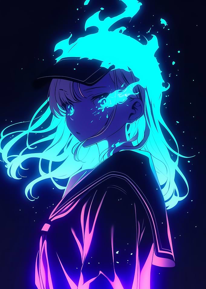 Anime Girl with Blue Fire