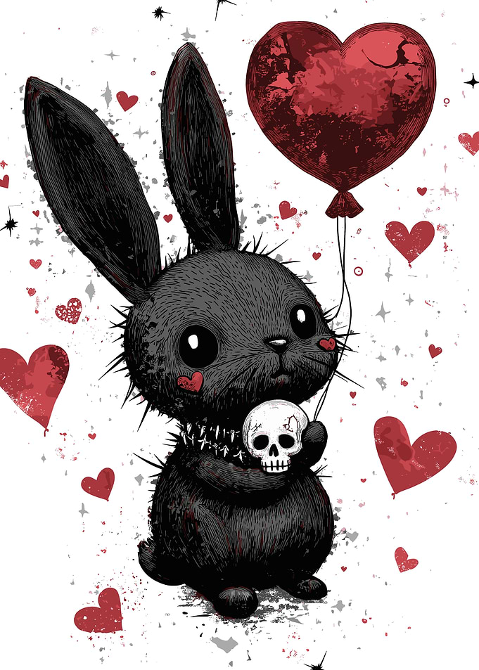 Punk Bunny with Skull and Heart Balloon
