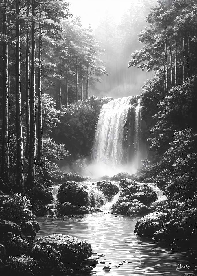 Tranquil Waterfall in Misty Forest - Charcoal Art