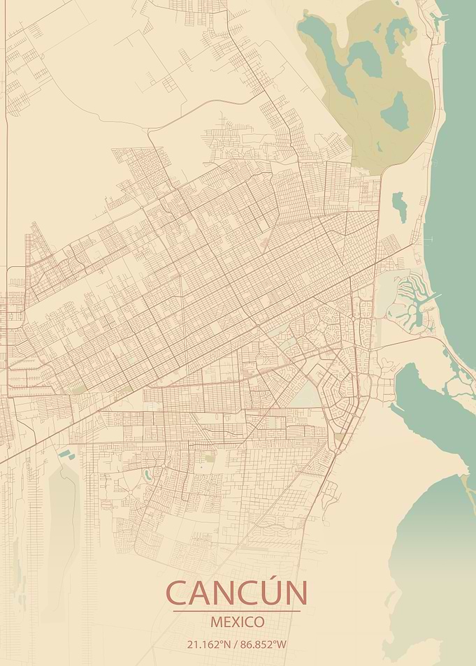 Cancun Mexico Vintage Style City Map