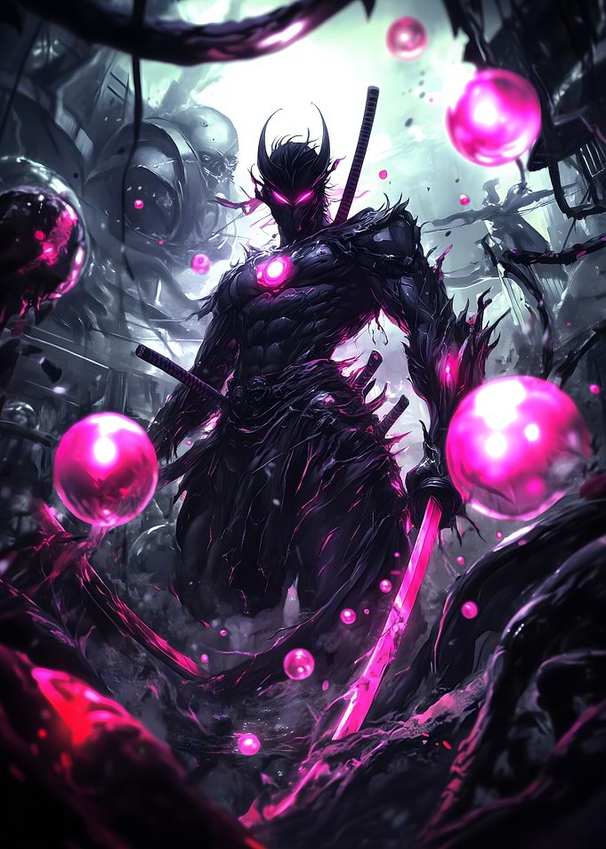 Japanese Samurai in Pink Bubbles
