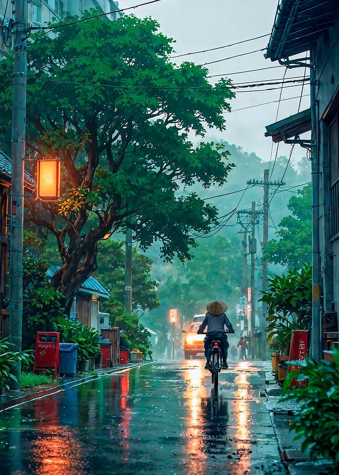 Cycling in the rainy streets of Japan