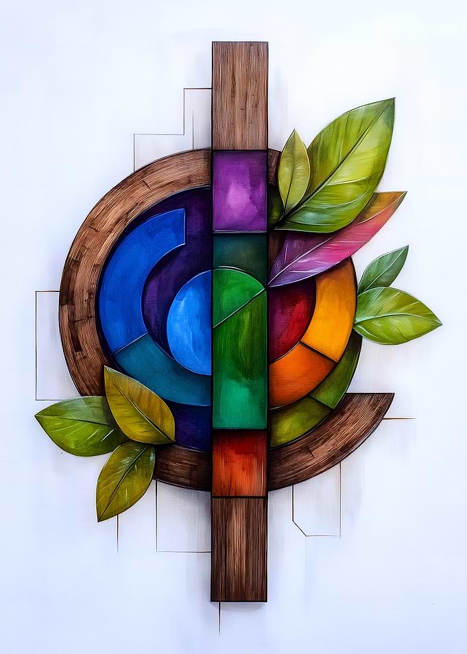 Abstract Wood Art with Leaves