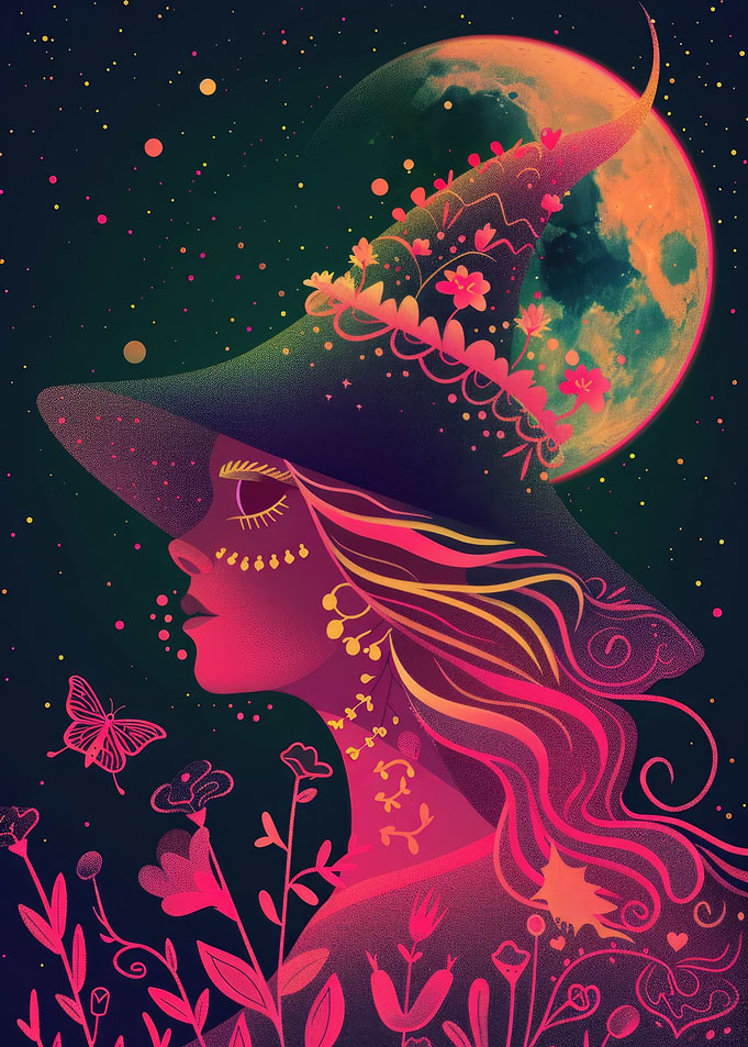 Neon Witch Under the Moon