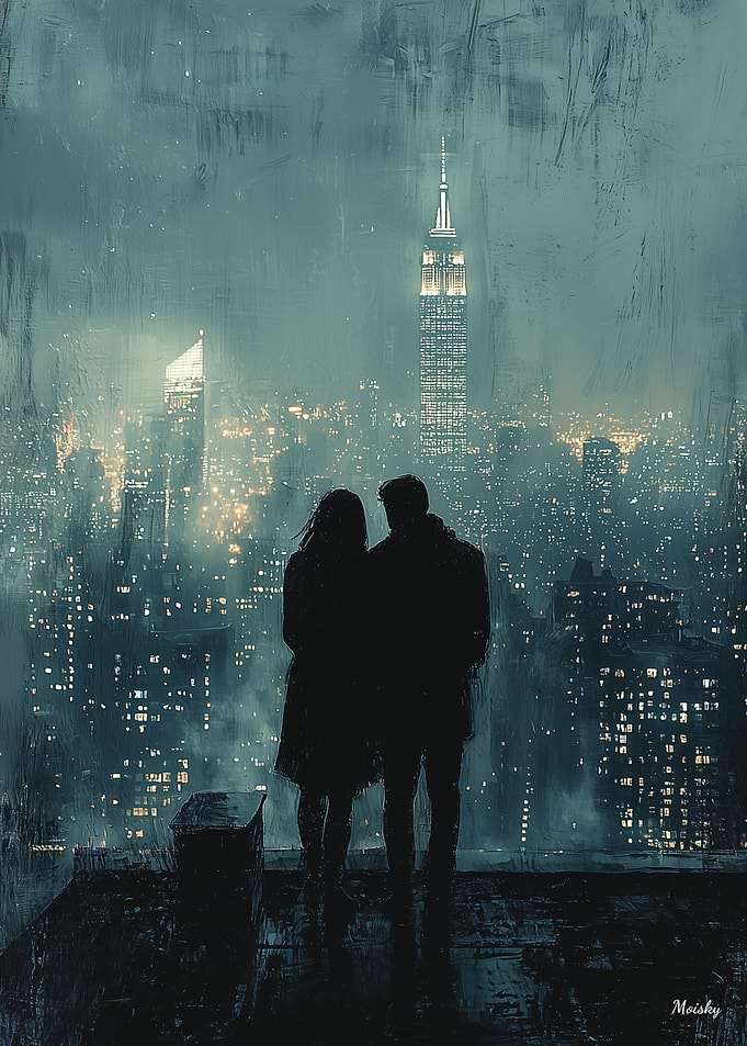 Rooftop City Romance - Charcoal Art