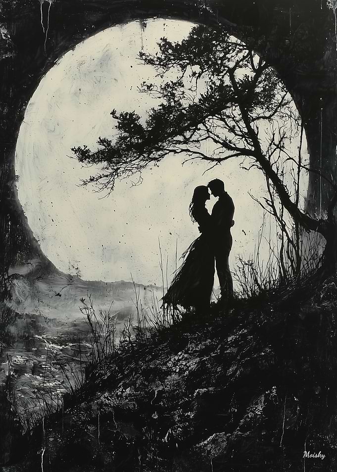 Romantic Moonlit Embrace - Charcoal Style