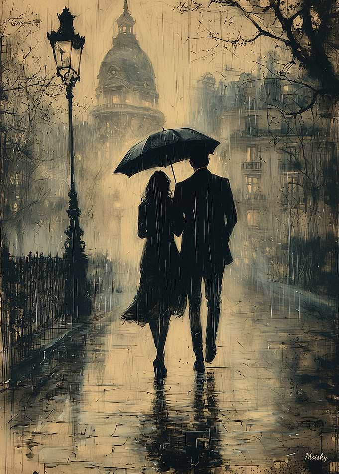 Romantic Rainy Walk - Charcoal Style