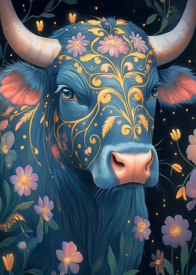 Blue Cow with Floral Design