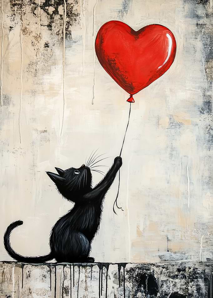 Black Cat with Heart Balloon