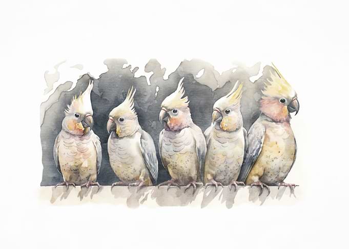 Five Cockatiels Watercolor