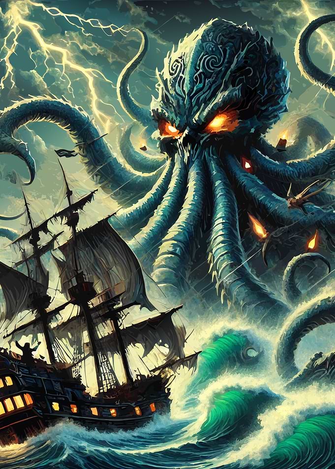 Kraken and Ship Stormy Sea